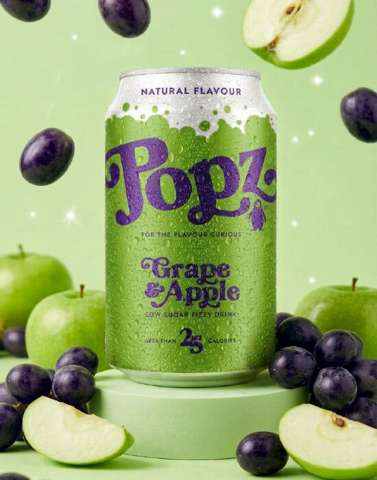 Popz – Grape & Apple – WEB2 Popz Grape soda with apple flavour in a bright, refreshing setting