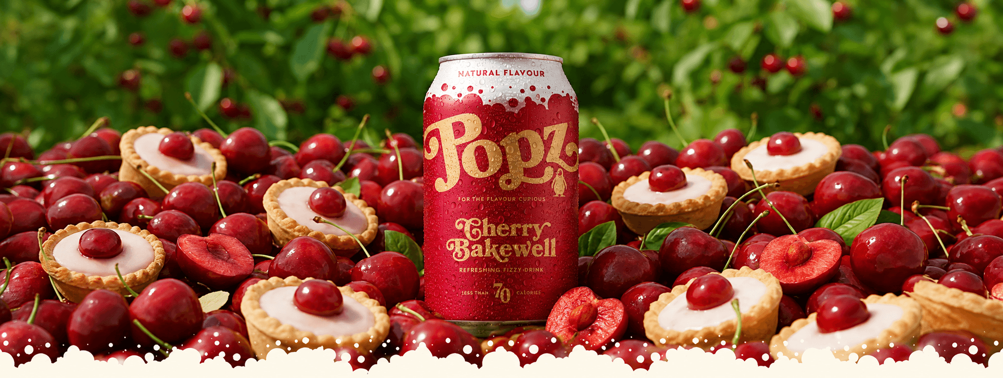 POPZ cherry bakewell soda can with red and cream design
