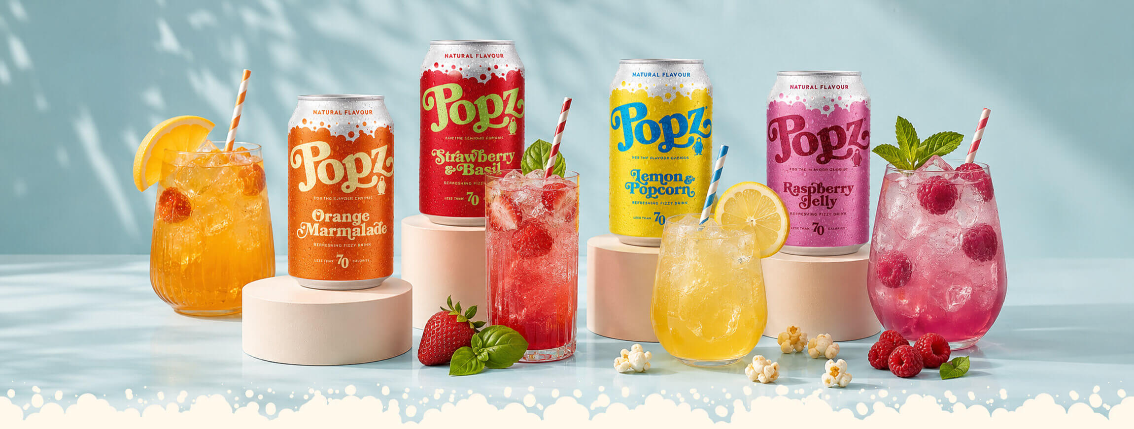 POPZ flavoured soda range with bold and colourful soft drink cans
